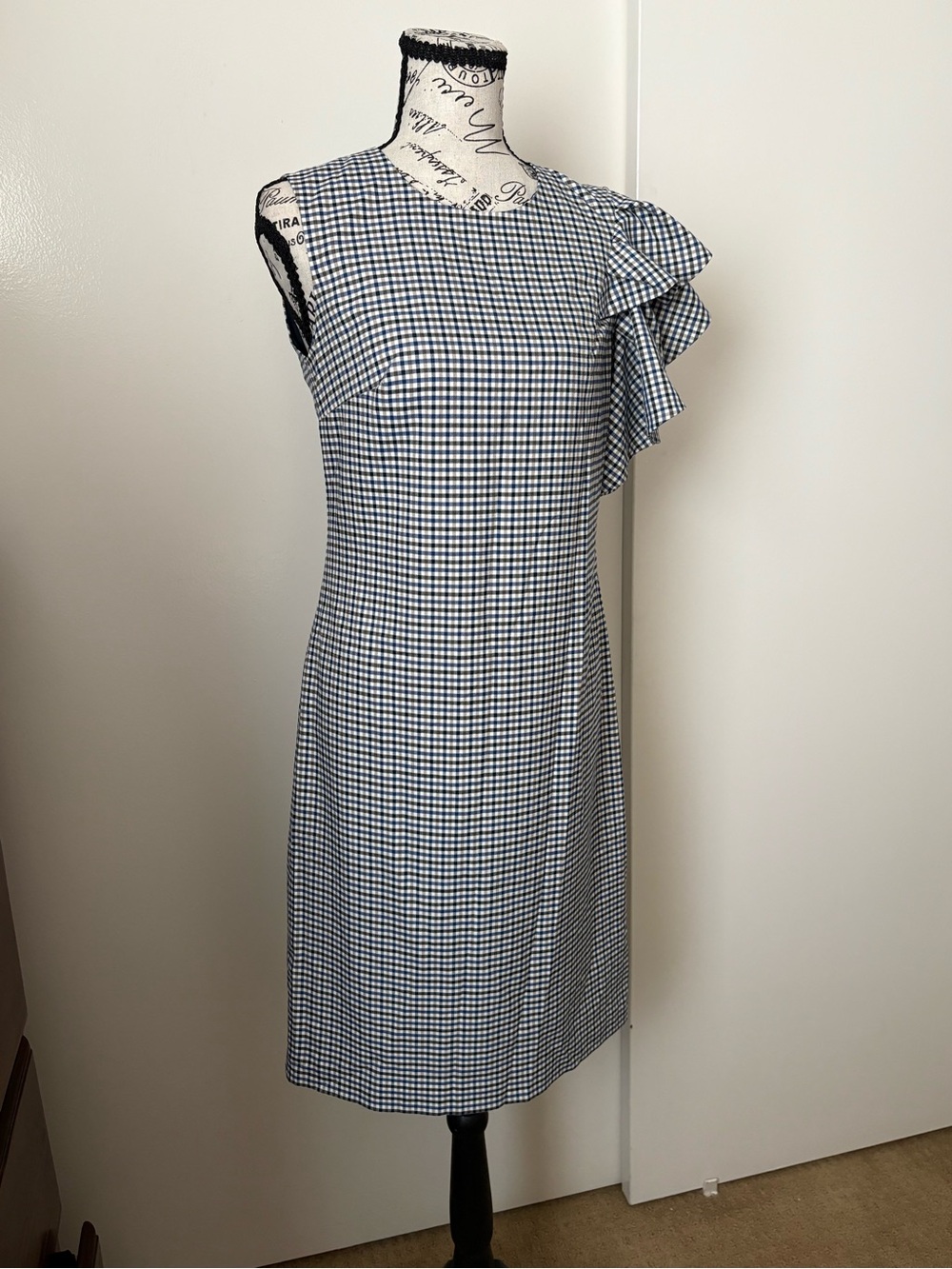 Banana Republic Navy and White Gingham One-Shoulder Ruffle Dress